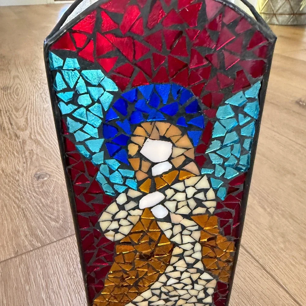 Stained Glass Mosaic Angel Luminary Votive Rectangular Religious Multi-Color